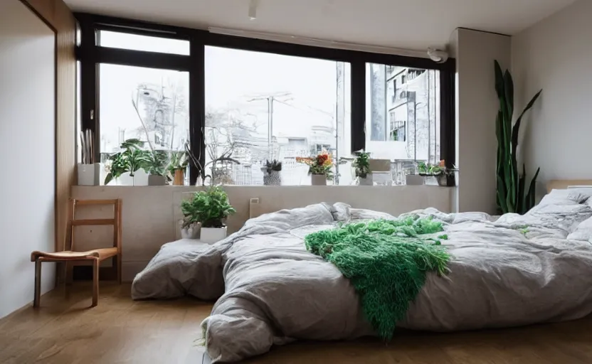 Image similar to a bright and cozy minimalist bedroom, white and pine wood, bed, cupboards, green potted plants, large window with a view of large concrete Japanese apartment blocks