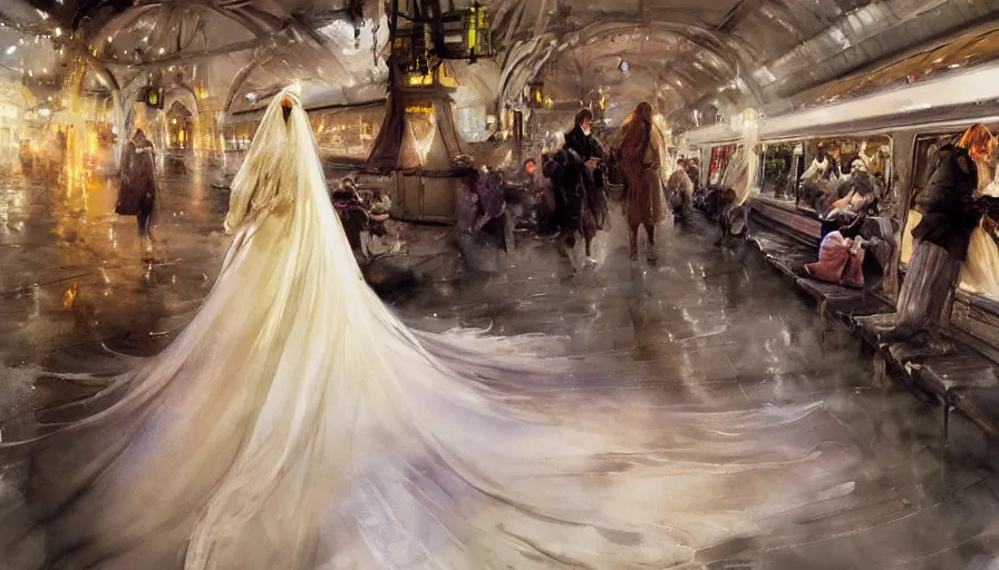 Prompt: paint brush strokes, abstract watercolor painting beautiful blond woman from the back, wearing a long flowing lace wedding dress in a train station platform at night, ambient lighting, art by hans dahl, by jesper ejsing, art by anders zorn, wonderful masterpiece by greg rutkowski, cinematic light, american romanticism by greg manchess, impressionism by tyler edlin