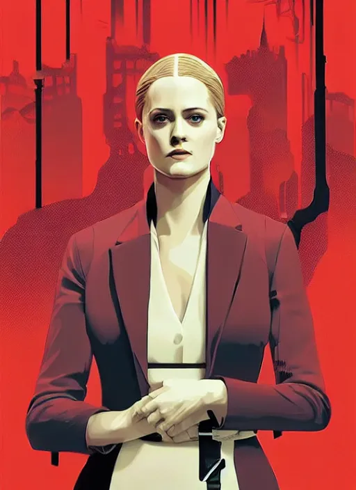 Image similar to poster artwork by Michael Whelan and Tomer Hanuka, a portrait of Evan Rachel Wood in Westworld, clean