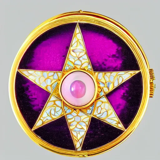 Prompt: a photo of the lid of a circular, pink transparent enamel guilloché vintage powder compact with an inlaid gold pentagram that has a different colored gem at each point and a large, round cabochon in the middle encircled by a gold crescent moon inlay. House of Fabergé.