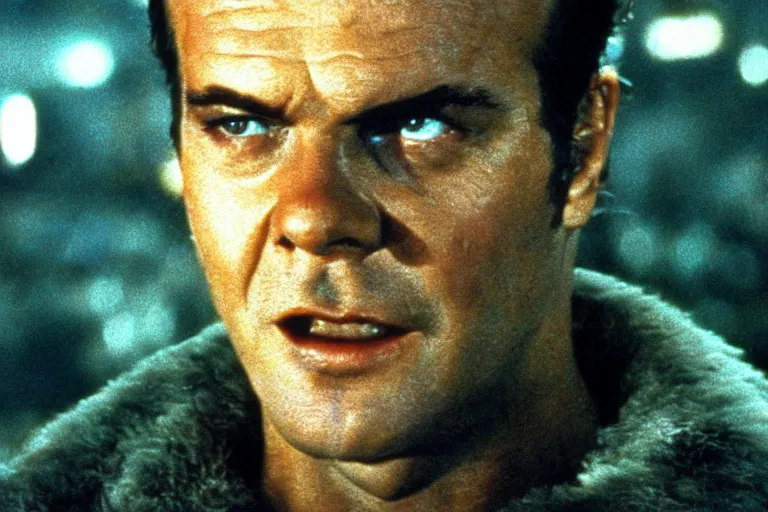 Image similar to A young Jack Nicholson on blade runner 1982, movie still, face close-up,