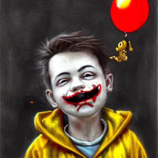 Image similar to surrealism grunge cartoon portrait sketch of a little boy with a wide smile wearing a yellow raincoat with a red balloon by - michael karcz, loony toons style, pennywise style, horror theme, detailed, elegant, intricate