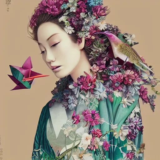 Image similar to 3 / 4 view of a beautiful girl wearing an origami!!! dress, eye - level medium shot, fine floral ornaments in cloth and hair, hummingbirds, elegant, by eiko ishioka, givenchy, by peter mohrbacher, serene, centered, fresh colors, origami, fashion, fine detailed illustration, vogue, japanese, reallusion character creator