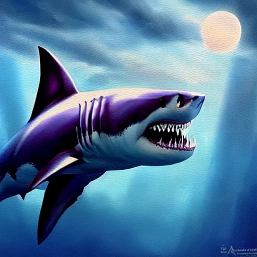 Image similar to a dream fantasy painting of ( white shark with blood teeth ) near a scuba diver, in the deep, trending on artstation, deviantart, matte painting