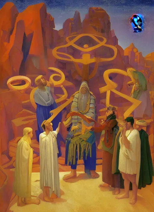 Prompt: transcendental adoration of the magi, occult rune symbolism epic surrealism 8k oil painting, portrait, perspective, high definition, cinematic, post modernist layering, by Nicholas Roerich, Annie Swynmerton, Diego Rivera, John William Godward