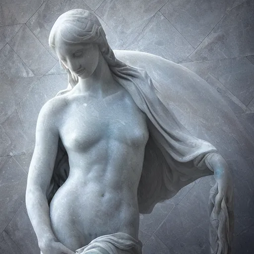 Image similar to “a delicate renaissance marble sculpture covered with water veil, highly detailed transparent marble cloth, gi, global illumination, physically based rendering, photorealistic, top light, dark background”