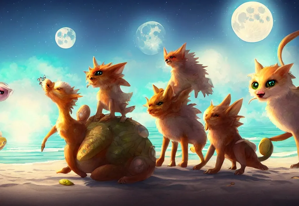 Image similar to cute fantasy critters at a beach looking at the moon, ultra realistic, concept art, highly detailed