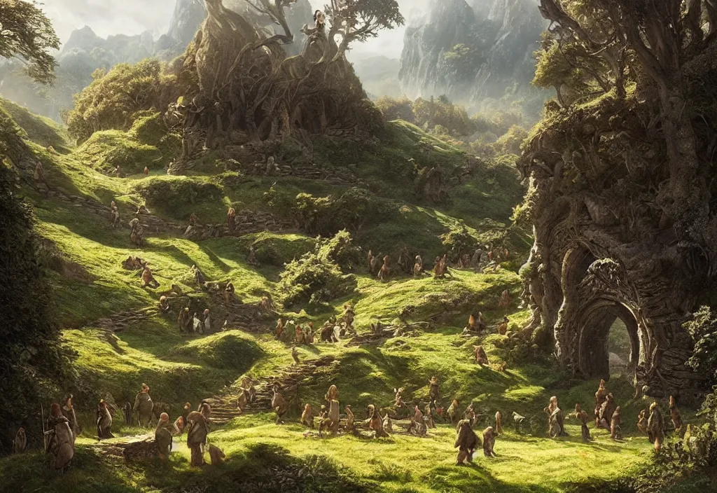 Image similar to hobbits in the shire scenery landscape, lord of the rings, highly detailed, perfect lighting, perfect composition, 4 k, artgerm, derek zabrocki, greg rutkowski