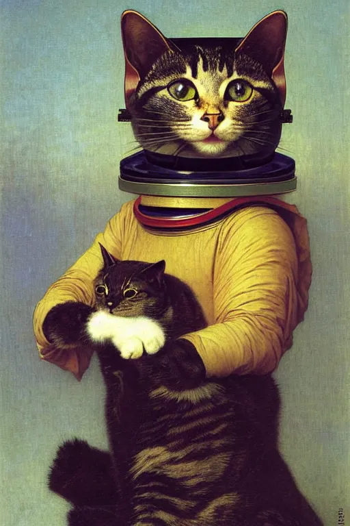 Image similar to portrait of a cat astronaut with japanese armor and helmet, by bouguereau