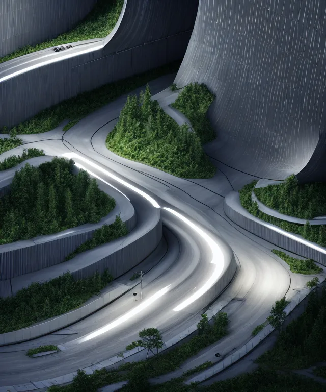 Image similar to denis villeneuve establishing shot of modern bjarke ingels condo building and gotthard tunnel entrance combined, roads tunnel under bjarke ingels condo building, lush nature environment, beautiful lighting, scifi artstation digital concept art, unreal engine, hyper realism, realistic shading, cinematic composition, blender render, octane render, wide shot