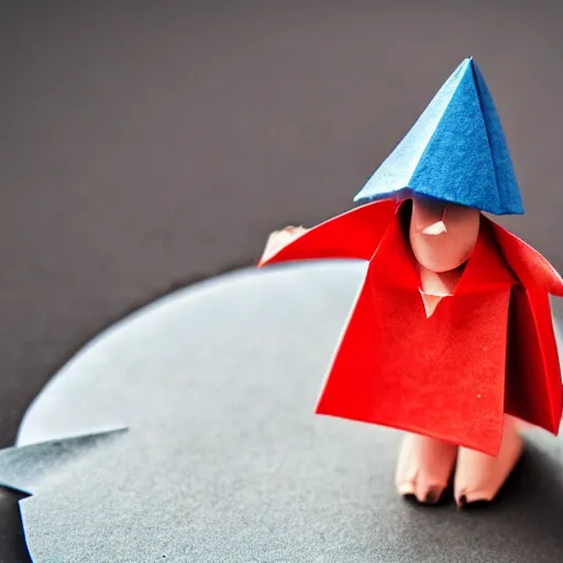 Image similar to close up photo of a small origami gnome, cinematic, shallow dof, 3 5 mm, 4 k, macro