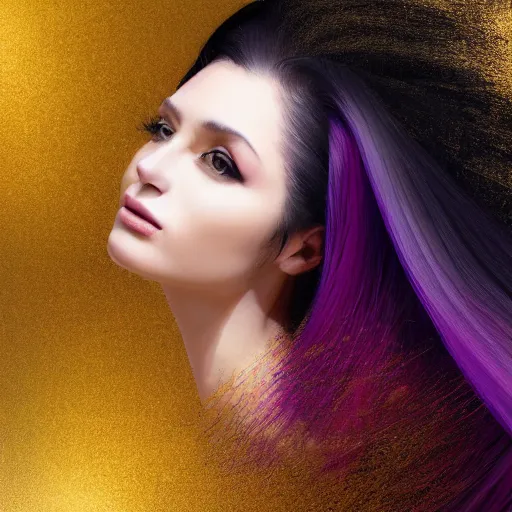 Prompt: masterpiece dynamic portrait of an aesthetic beautiful realistic black haired woman, gold and purple strands, 3 0 years old woman, mid long hair, black eyed, by joachim bergauer and wlop, artstation, deviantart, large view, motion blur, high aperture, pouring acrylic chaotic background, curves and splashes, detailed, intricate, 8 k