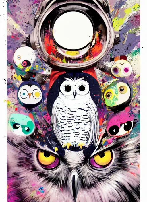 Image similar to arrogant elegant medium shot of white one - eyes owl dressed in samurai garment, pixiv fanbox, dramatic lighting, maximalist pastel color palette, splatter paint, pixar and disney exploded - view drawing, graphic novel by fiona staples and dustin nguyen, peter elson, alan bean, wangechi mutu, clean cel shaded vector art, trending on artstation