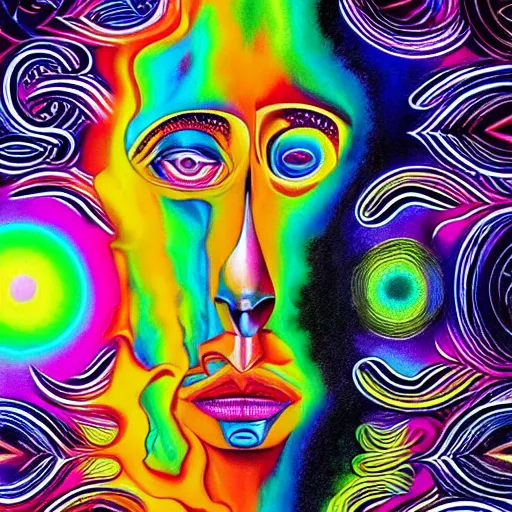 Prompt: a psychedelic masterpiece of art in the style of Dali, Alex Grey, mindblowing and fantastic, vibrant colors and tiny details