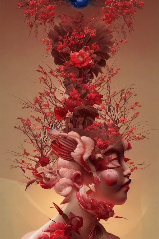 Image similar to breathtaking detailed red gardian mao baby in glace sphere free thibet concept art painting art deco pattern of birds goddesses amalmation flowers, by hsiao ron cheng, tetsuya ichida, bizarre compositions, exquisite detail, extremely moody lighting, 8 k