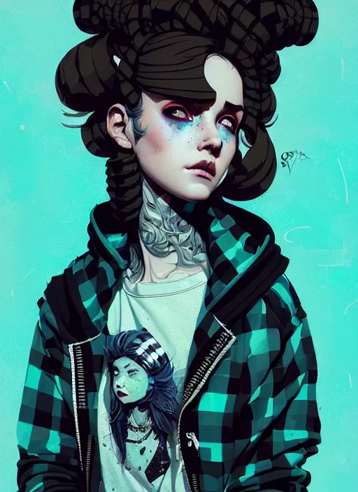 Image similar to highly detailed portrait of a sewer punk lady, tartan hoody, ringlet hair by atey ghailan, by greg rutkowski, by greg tocchini, by james gilleard, by joe fenton, by kaethe butcher, gradient light blue, black, cream and white color scheme, grunge aesthetic!!! ( ( graffiti tag wall background ) )