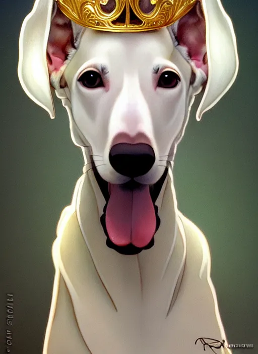 Image similar to cute white brown greyhound wearing paper crown, natural lighting, path traced, highly detailed, high quality, digital painting, by don bluth and ross tran and studio ghibli and alphonse mucha, artgerm