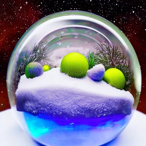 Prompt: alien planet, lush with fluorescent mushrooms encapsulated in a snow globe, high detail, photorealistic