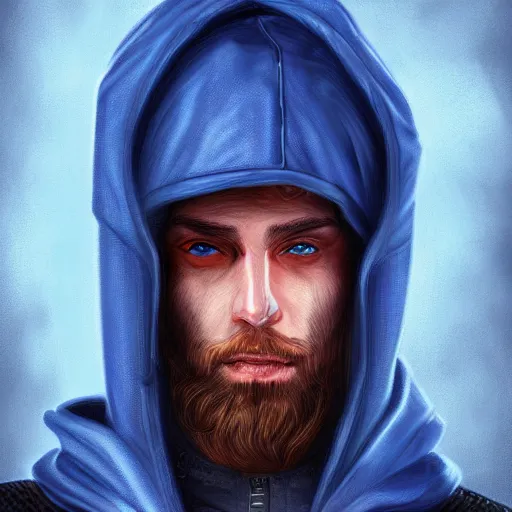 Prompt: a portrait of an ultradetailed male cyberpunk waring a hoodie, bearded, deep blue eyes, by ivan lopez, 8 k, digital painting