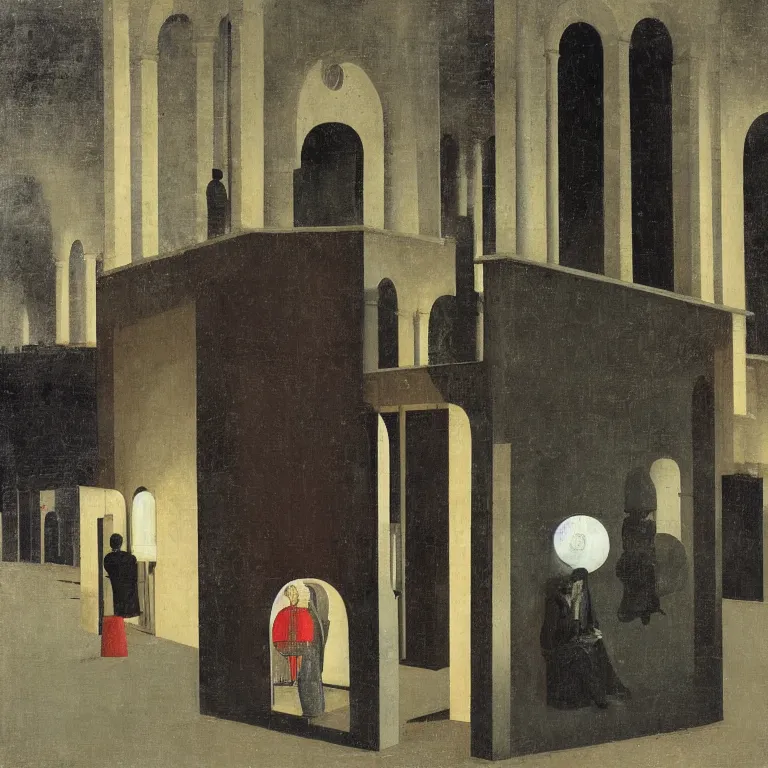 Image similar to a some people waiting in a lone bus stop in quiet dark city night Painting by Piero della Francesca, Morandi, Yves Tanguy, high quality, high resolution,detailed