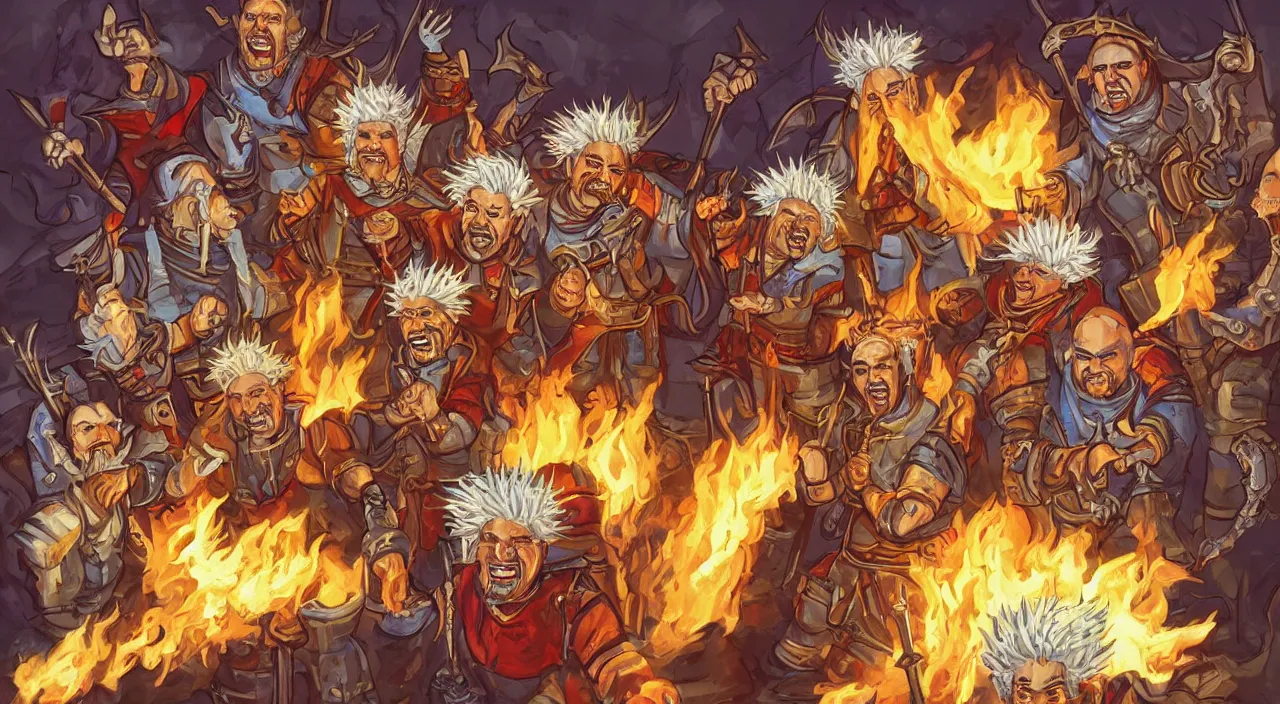 Image similar to a dungeons and dragons party of four guy fieri's, warrior fieri, mage fieri, rogue fieri, and cleric fieri, fantasy painting in the style of diego gisbert llorens