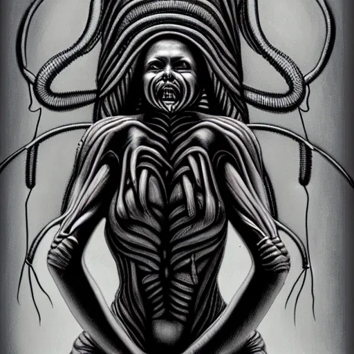 Image similar to beautiful contortionist girl inspired by giger