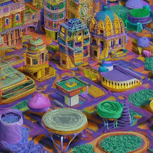 Image similar to small town made entirely of multi - colored play - doh, extreme realism, extremely detailed digital painting, highly detailed, abstract, 1 9 2 0's colored pencil art style, deep aesthetic, 8 k, highly ornate intricate details, cinematic lighting, rich colors, digital artwork, ray tracing, hyperrealistic, photorealistic, cinematic landscape, trending on artstation, concept art,