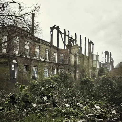 Prompt: photo of an overgrown london in ruins