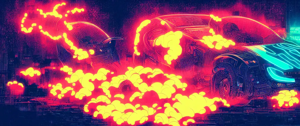 Prompt: great wave, cyberpunk, neon, dramatic lighting style of Laurie Greasley and Satoshi Kon + symmetric lights and smoke, psychedelic effects, glowing particles, neon rain, comic