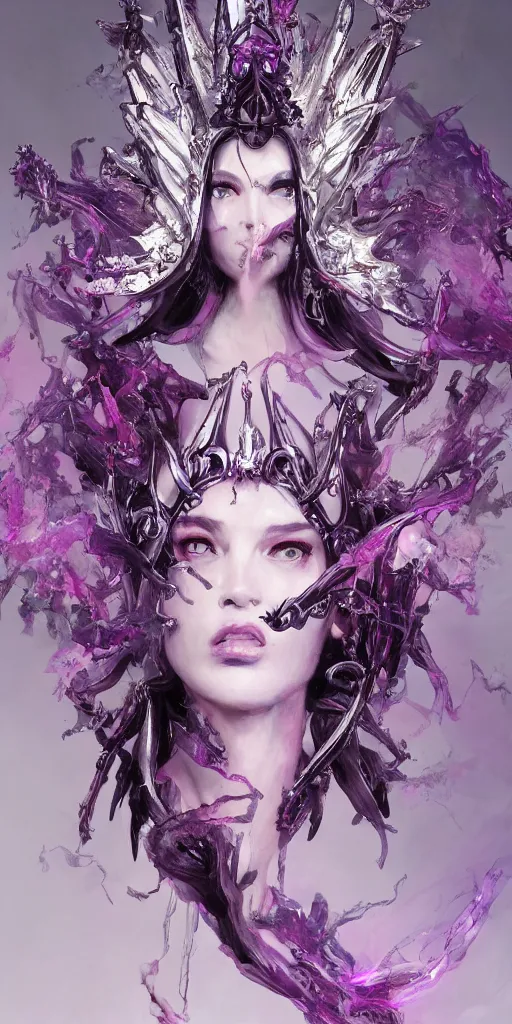 Image similar to female angel queen head wearing shiny pink crown, subtle purple accents, hyper details, black metal rococo, sculpted by Alex Alice, Craig Mullins, yoji shinkawa, trending on artstation, beautifully lit, Peter mohrbacher, hyper detailed, elite, elegant, luxury, ray of light through smoke, CGsociety, hypermaximalist, golden ratio, neofuture, volumetric, octane render, weta digital, micro details, 3d sculpture