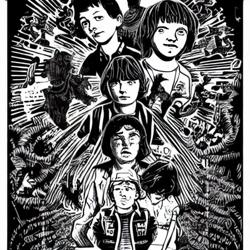 Image similar to mcbess illustration of strangers things kids