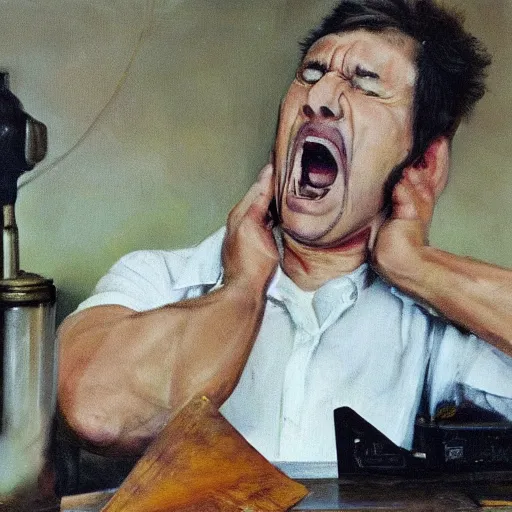 Image similar to an angry man screams at his computer monitor, oil on canvas, 1 9 6 7, highly detailed