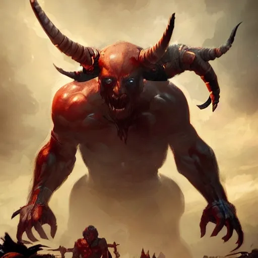 Image similar to mutant man, fantasy boss fight, dramatic illustration, muscular character, huge horns, art by greg rutkowski, digital art, artstation