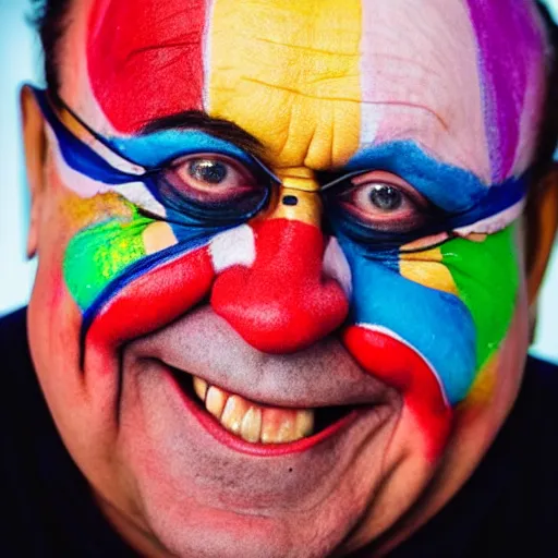 Image similar to a portrait of a abstract danny devito who has face - painting like a clown smiling creepily. depth of field. lens flare
