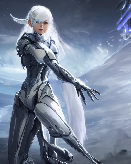 Image similar to perfect white haired girl, warframe armor, beautiful, dreamy, pretty face, blue eyes, portrait, detailed, windy weather, scifi, utopian architecture in the background, laboratory, 4 k, ultra realistic, aura of light, cinematic, high detail, masterpiece, art by akihito tsukushi, akasuki brightmind