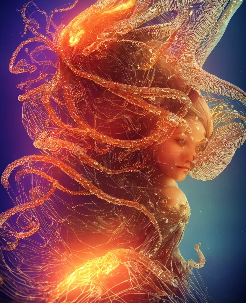 Image similar to close-up macro portrait of the face of a beautiful princess, epic angle and pose, symmetrical artwork, 3d with depth of field, blurred background, cybernetic jellyfish phoenix bird, translucent, nautilus, energy flows of water and fire. a highly detailed epic cinematic concept art CG render. made in Maya, Blender and Photoshop, octane render, excellent composition, cinematic dystopian brutalist atmosphere, dynamic dramatic cinematic lighting, aesthetic, very inspirational, arthouse. y Greg Rutkowski, Ilya Kuvshinov, WLOP, Stanley Artgerm Lau, Ruan Jia and Fenghua Zhong