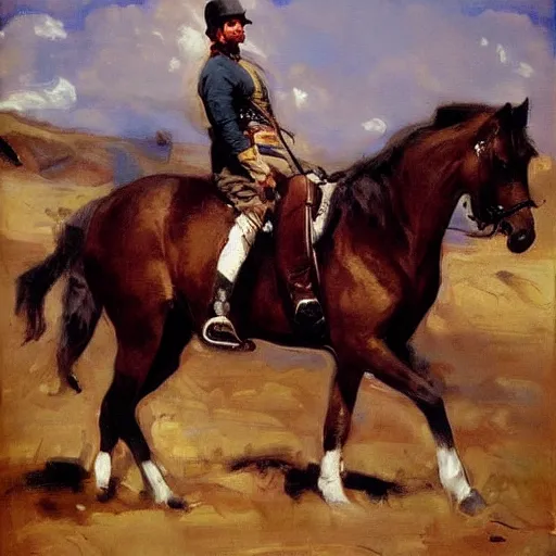 Prompt: painting joe rogan riding a horse, John Singer Sargent style