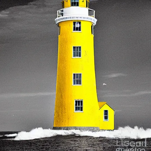 Prompt: an enormous yellow lighthouse by greg rutkoski