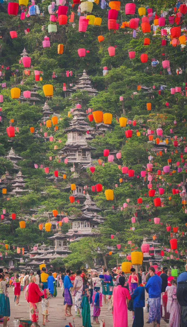 Prompt: pagoda in background, a few people drinking tea among paper lanterns, vibrant colors