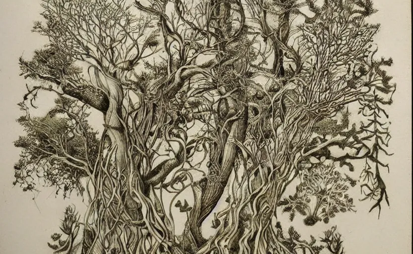 Prompt: mysterious forest by ernst haeckel, very beautiful, dreamy, poetic, melancholy:: pyrography