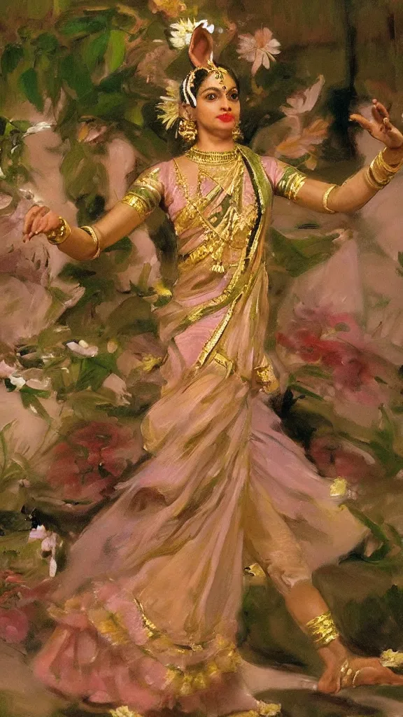 Prompt: a rabbit dancing bharatanatyam in botanical room by john singer sargent, cinematic, detailed