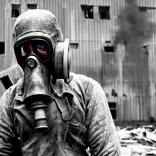 Image similar to film still of a man wearing post apocalyptic clothes and a gas mask inside a rusty factory, low angle dramatic