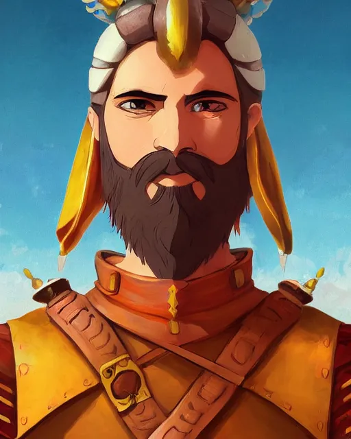 Prompt: digital painting of a conquistador by rossdraws and anato finnstark and studio ghibli, treasure island movie color scheme, symmetric, facial features, portrait, trending on artstation, masterpiece