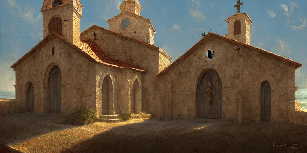 Prompt: mysterious italian medieval church by the sea, art by evan cagle and craig mullins