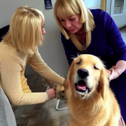 Prompt: A high-quality photo of a Golden Retriever teaching Nadine Dorries to use the internet