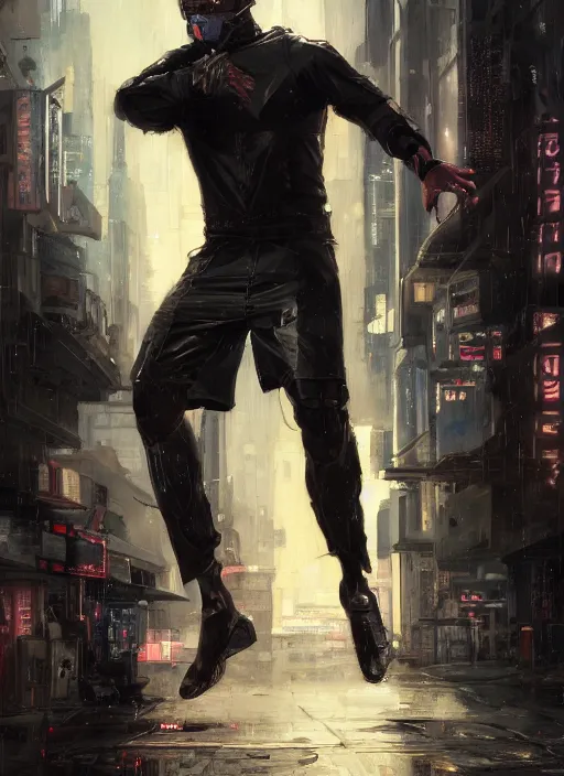 Image similar to bruce wayne teaching self defense. cyberpunk mercenary in a cyberpunk jumpsuit ( blade runner 2 0 4 9, cyberpunk 2 0 7 7 ). orientalist portrait by john william waterhouse and james gurney and theodore ralli and nasreddine dinet, oil on canvas. cinematic, hyper realism, realistic proportions, dramatic lighting, high detail 4 k