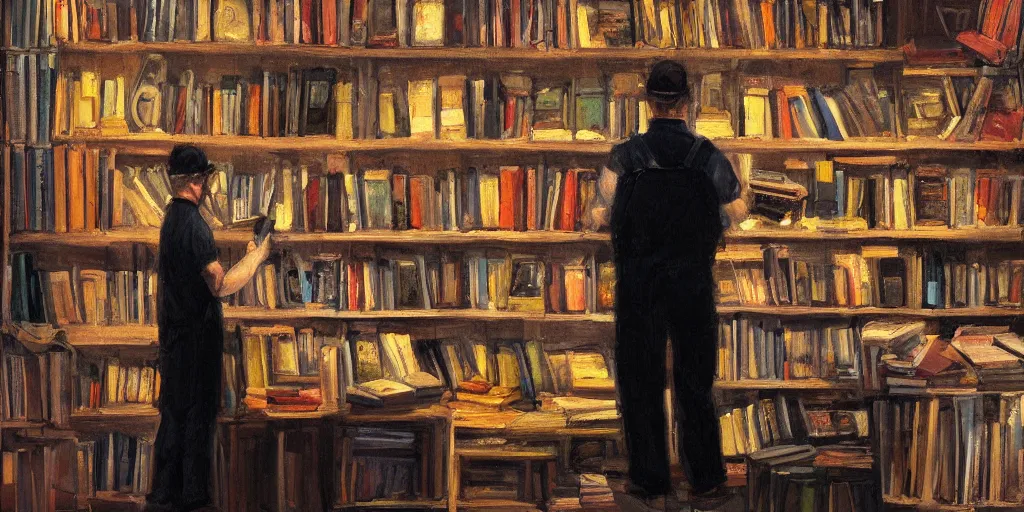 Prompt: bookseller in black overalls shelves books in bookshop cinematic lighting, detailed oil painting, 4k