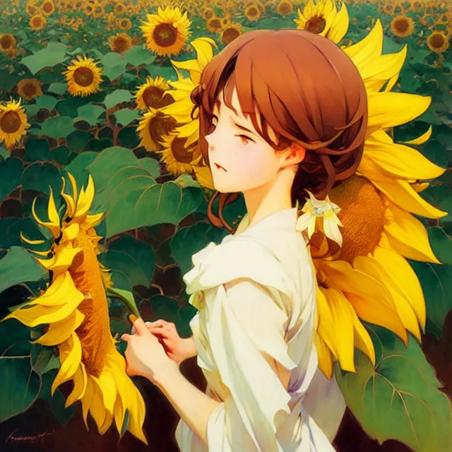 Prompt: beautiful sunflower anime girl, krenz cushart, mucha, ghibli, by joaquin sorolla rhads leyendecker, by ohara koson and thomas