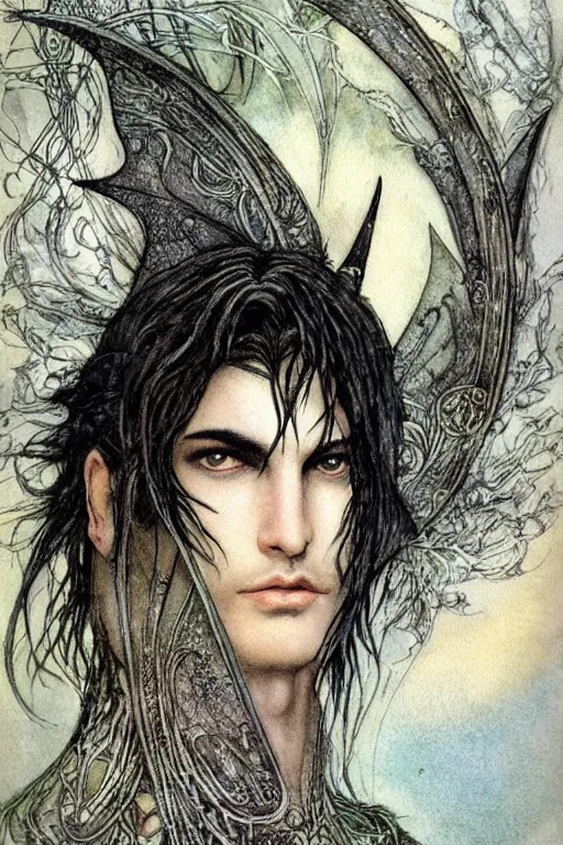 Prompt: dark fairy handsome male face closeup surrounded by a circular frame of bat wings, art by luis royo and walter crane and kay nielsen, watercolor illustration, ultra sharp focus