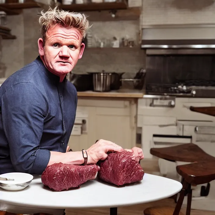 Prompt: digital photography of gordon ramsay, sitting on a rocking chair, knitting a beef wellington. high quality, medium far shot